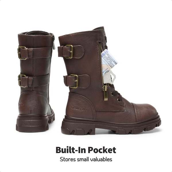 Girls Vegan Leather Combat Ankle Boots - BROWN - 2